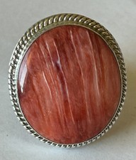 Signed Navajo Sterling Silver Orange Spiny Oyster Shell Ring Size 8