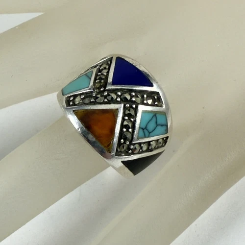 VTG Signed CW Sterling Silver 925 Marcasite & Inlaid Multi Gemstone Ring SIZE 6