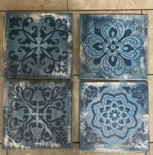 Navy Floral Print Canvas Wall Art, 12"x12" each, Set of 4