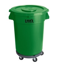 Commercial 32 Gallon GREEN Round Plastic Trash Can Complete with Lid and Dolly