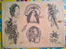 COL TODD TATTOO LEGEND - LARGE VINTAGE ORIGINAL CHOLO STYLE TATTOO FLASH SHEET