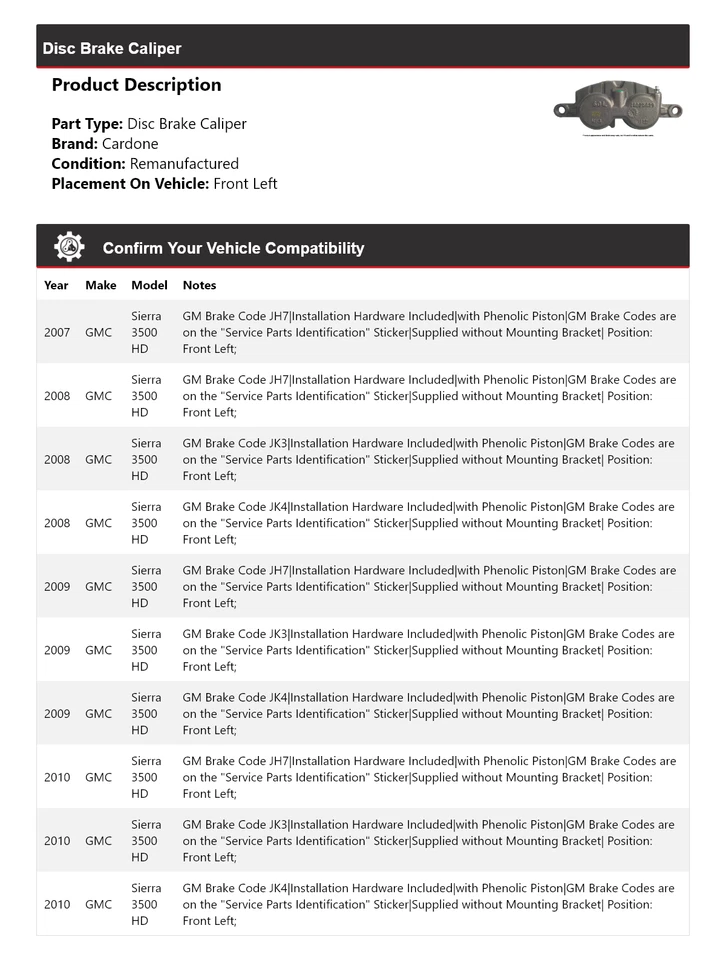 Pinza de freno de disco delantera izquierda Cardone 2008 2009 para GMC Sierra 3500 HD 2007-2010 Foto 2 de 4