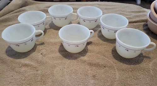 LOT OF 7 PYREX BURGUNDY ROSE MILK GLASS COFFEE MUGS CUPS