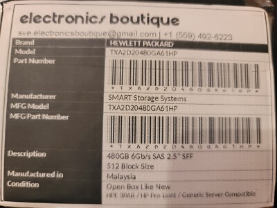 HP HPE 3PAR Smart Storage Systems TXA2D20480GA61HP 480GB SAS 6Gb/s 2.5'' SFF