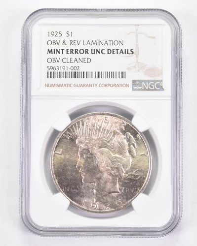 Mint Error UNC Details 1925 Peace Silver Dollar OBV & REV Lamination NGC *8841