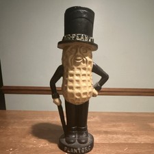 Planters Mr. Peanut Cast Iron Character Piggy Bank w/ Black Top Hat & Cane