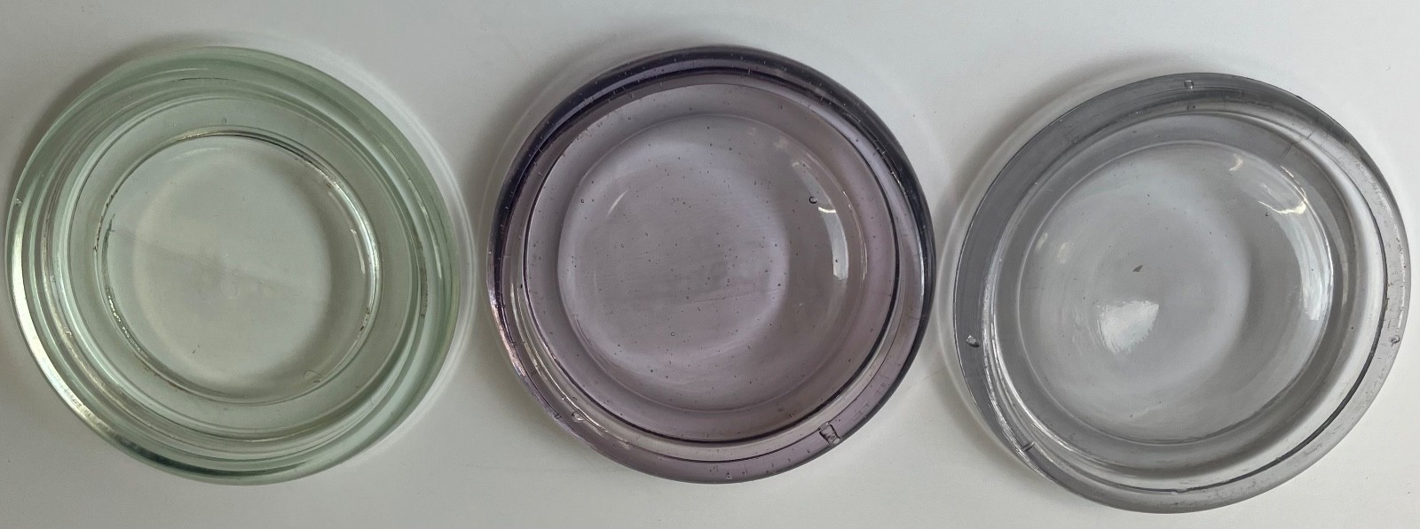 3 Antique Glass Fruit Jar Insert Lids Sun Colored Amethyst, Manganese and Aqua