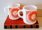 Vintage Hazel Atlas Celestial Milk Glass Mug Sun Moon Orange MCM Flowers Coffee