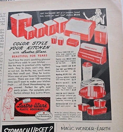 1953 Lustro-ware Red Plastic Canisters Cookie Recipe Bread Box Paper towels Ad
