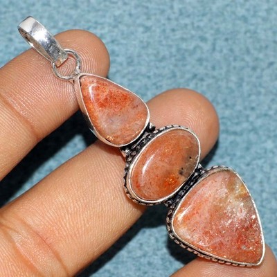 925 Silver Plated Sunstone Jewellery Pendant Handmade Gemstone Size 2.6'' GW