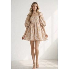 Storia Dress Women Small Pink Floral Puff Sleeve Babydoll Mini Retro Summer Boho