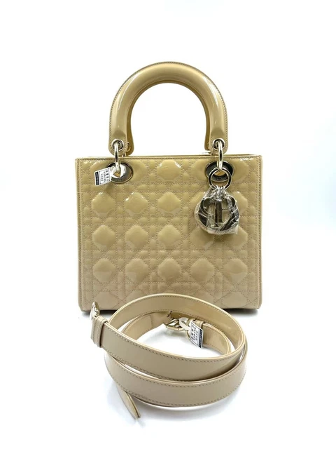 100604 Christian Dior Lambskin Cannage Patent Cannage Lady Dior Beige
