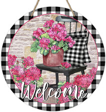Welcome Spring Summer Geranium Flower Front Door Sign, Pink Floral Chair Buffalo