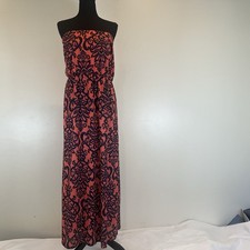 Almost Famous Maxi Dress Strapless Orange Blue Stretch Elastic Waist Lined L