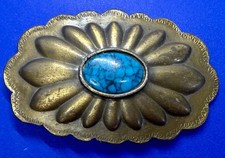 Southwestern Concho Style Faux Turquoise Stone Center on Brass Tone Belt Buckle