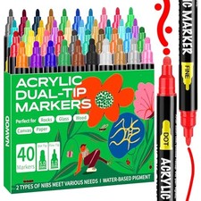 40 Acrylic Paint Pens, Dual Tip Acrylic Markers, With Fine and Dot Tip,