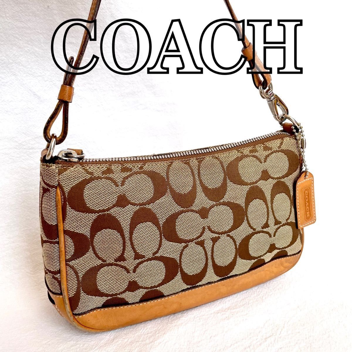 Coach Signature Demi mini Pouch Hand Bag Canvas Leather Beige C35