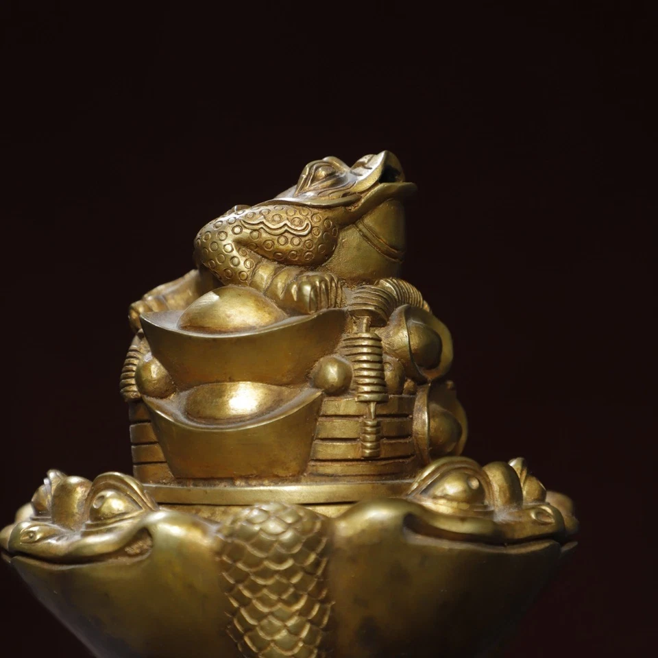 5.9" China Old Collection Treasure Copper Gilt Gold Toad Incense Burner - Image 3 of 4