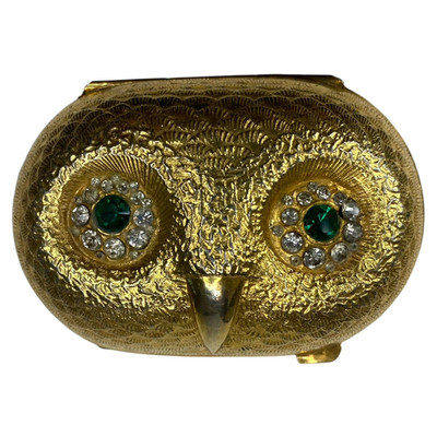 Owl Compact Mirror Vintage Made In Italy Gold Color Rhinestones
