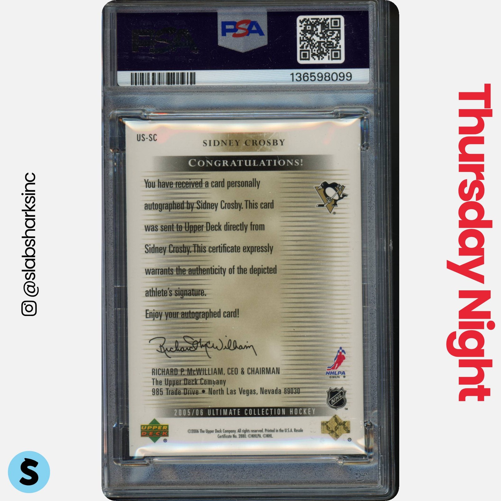 2005 UPPER DECK ULTIMATE COLLECTION SIDNEY CROSBY SIGNATURES ROOKIE AUTO PSA 8 view 2