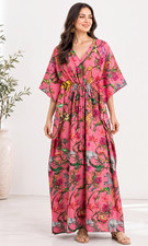 Indian Cotton Pink Peach Jungle Print Kaftan Dress Womens Clothing Caftan Dress