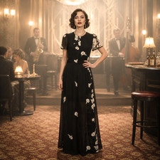 Vintage Reformation does 1930s Black Floral Maxi Dress Party Cocktail pinup
