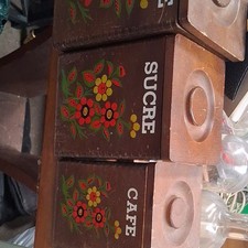 Lot 4 bocaux cuisine bois marron carrés motif floral avec couvercle 20 cm