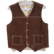 Vintage The Leather Shop Sears Leather Sherpa Lined Vest Size Medium Trucker Tan