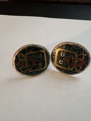 Nestor Taxco Mixed Metal Cuff Links Mexico 925 Silver Modernist Inlay Vtg - Picture 2 of 10
