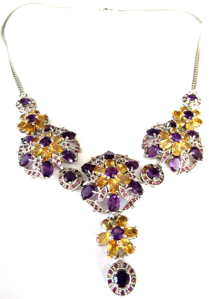 Impresionante collar de plata de ley 925 genuina de amatista y citrino Foto 2 de 4