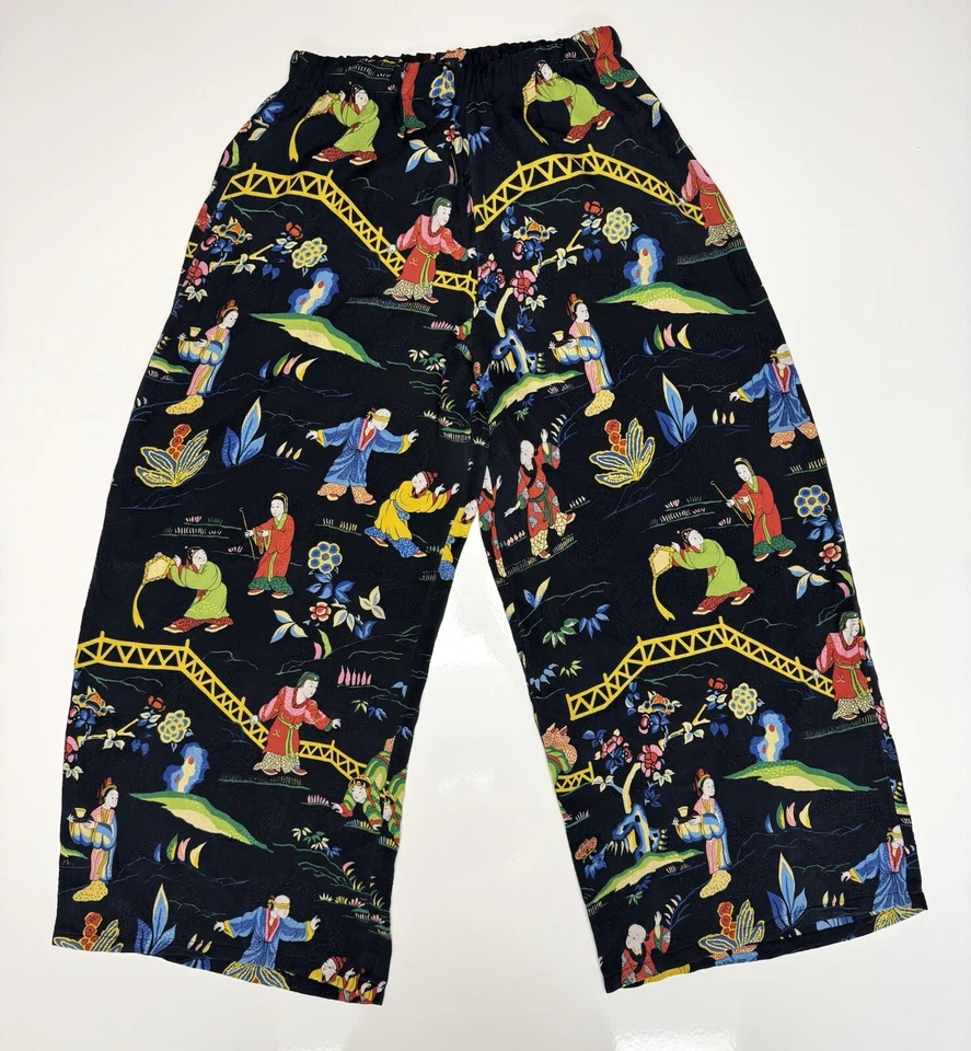 Citron Santa Monica Wide Leg Pants, 100% Black Silk Vibrant Asian Print, Small