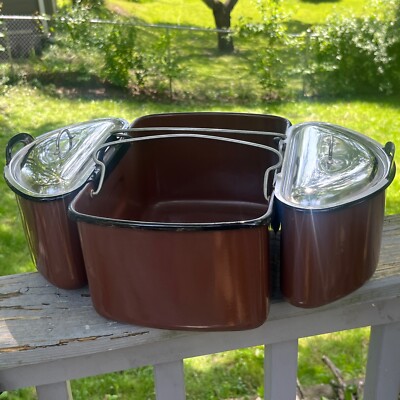 Camping Picnic 5 pc Complete Cook Set Brown Enamelware Dark Trim Outdoor Vintage