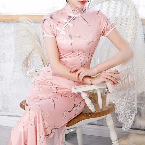 OFF WHITE Costume abito lungo floreale cinese retrò Cheongsam ballo Qipao festa matrimonio
