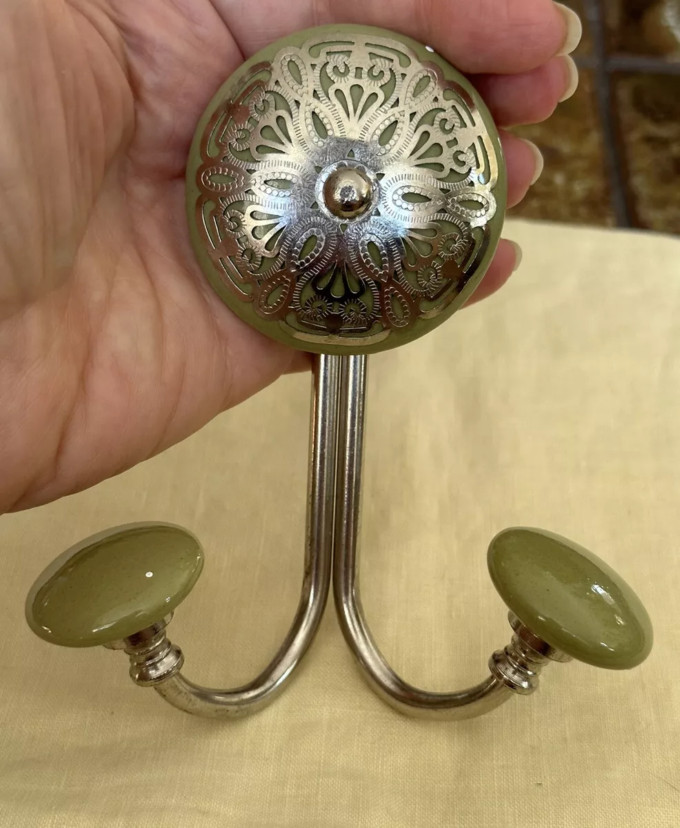 Green Wall Mount Double Hook Ceramic Coat Hook Round Tips Silver Filigree