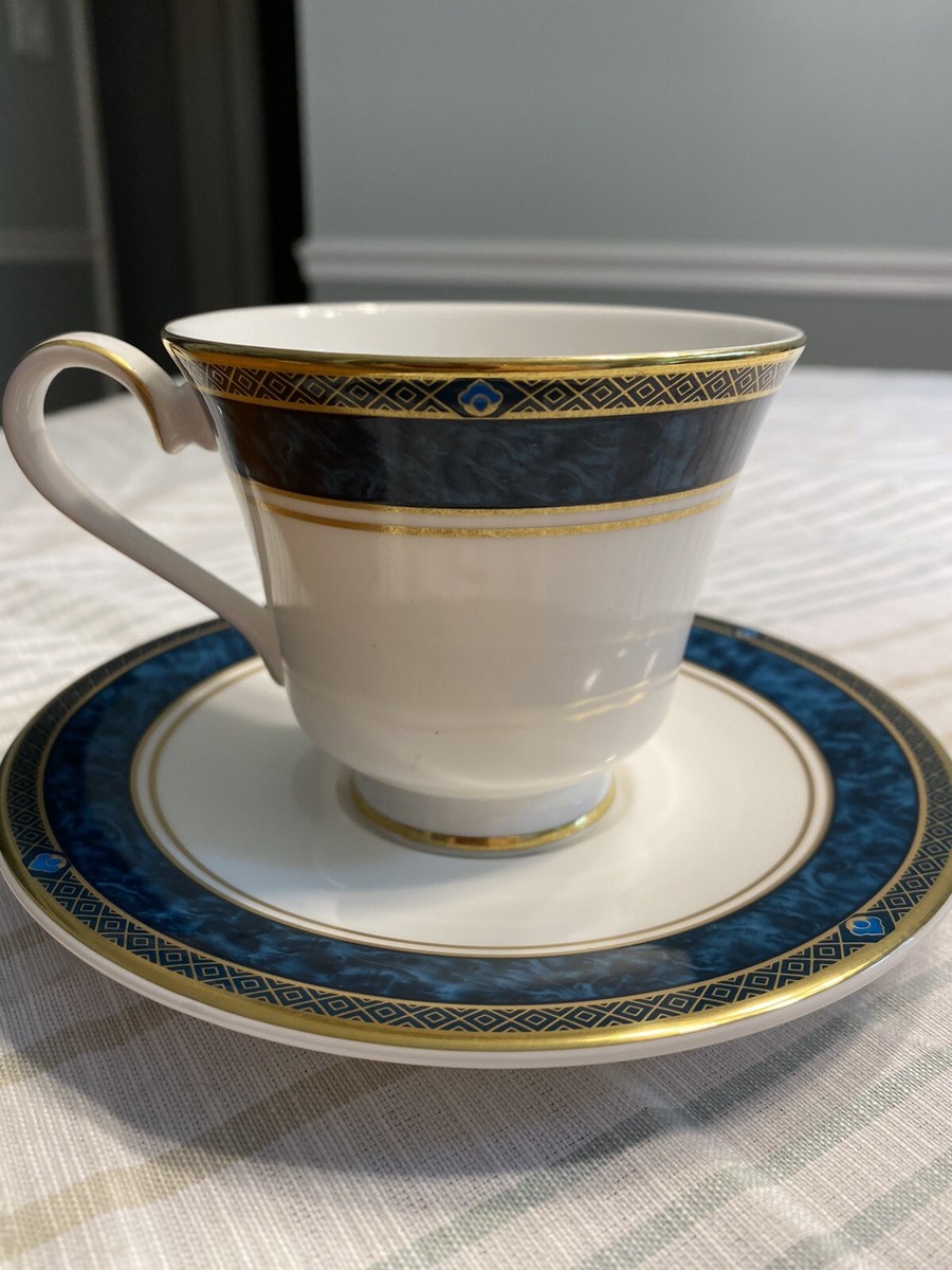 Royal Doulton Biltmore Blue Gold Rimmed Coffee Tea Cups & Saucers