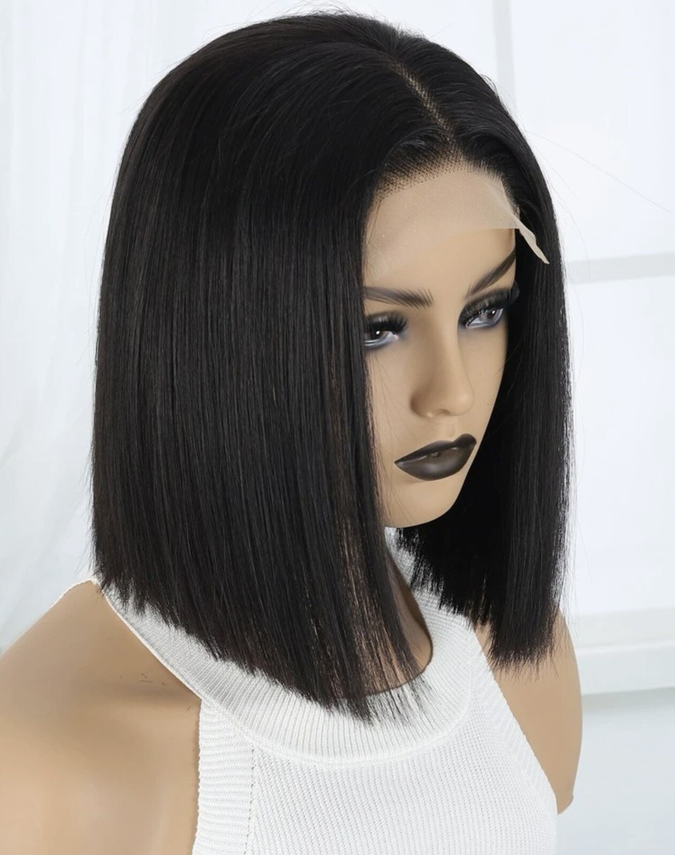 Perruque Courte En Cheveux Humains Naturels - Coupe Carré Lisse Noir, 25 Cm, Dentelle Frontale - Neuf Sans étiquettes