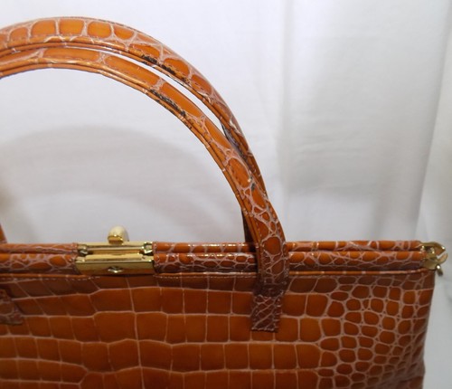 Frame Bag Leather Croc-Stamped Tan Dbl Handles Shoulder Strap Tiziana "Ligator" - Picture 20 of 21