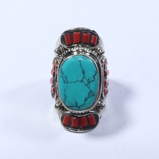 Ethnic Coral Turquoise stone Tibetan multistone bohemian Unique ring Size 9