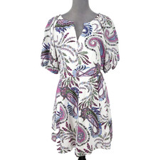 Loft Dress Petites 12P White Pink Paisley Linen Blend Back Zip Cotton Lining