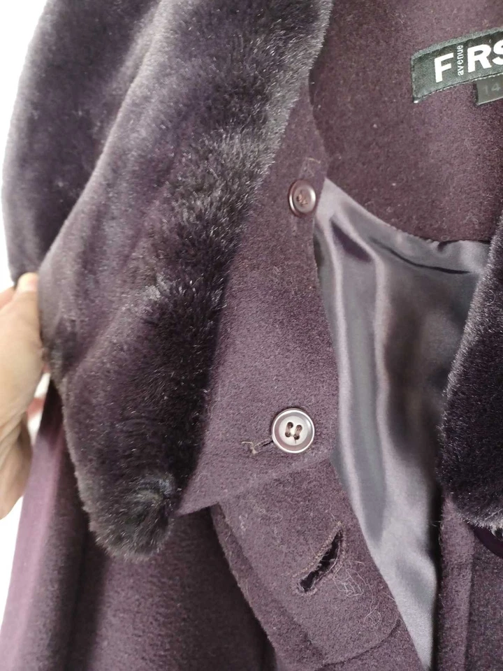 First Avenue Womens Long Coat UK 14 Purple Fur Trim Virgin Wool Cashmere Blend — 第 4/4 张图片