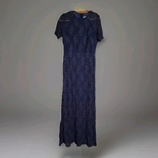 Mango Suit Navy Blue & Gold Accents Maxi Lined Dress  Women's 8 Short Sleeves