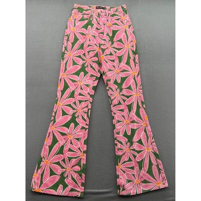 PrettyLittleThing Jeans Womens 6 Pink Green Daisy Flare High Rise Retro