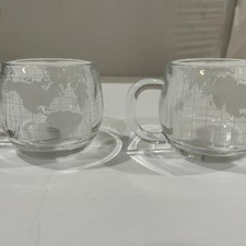 Vintage Nestle Nescaf&eacute; Frosted Glass World Globe Coffee Mugs Set of 2
