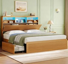 Full Size Bed Frame with Bookcase Headboard and Storage Wood Bed Frame Natural