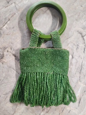 Vintage Antik 20er Jahre Flapper Grün Glasperlen Abendtasche Bakelit Armbänder - Bild 1 von 4