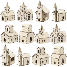 Hiboom 12 Pcs DIY Christmas Village Sets Wood Rustic Church Christmas Mini Wo...