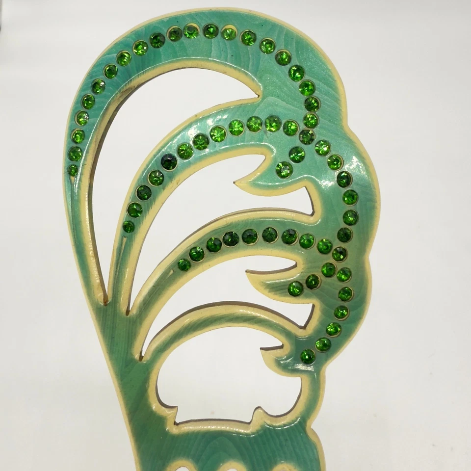 Peine de pelo vintage de celuloide verde victoriano con pedrería Foto 2 de 4