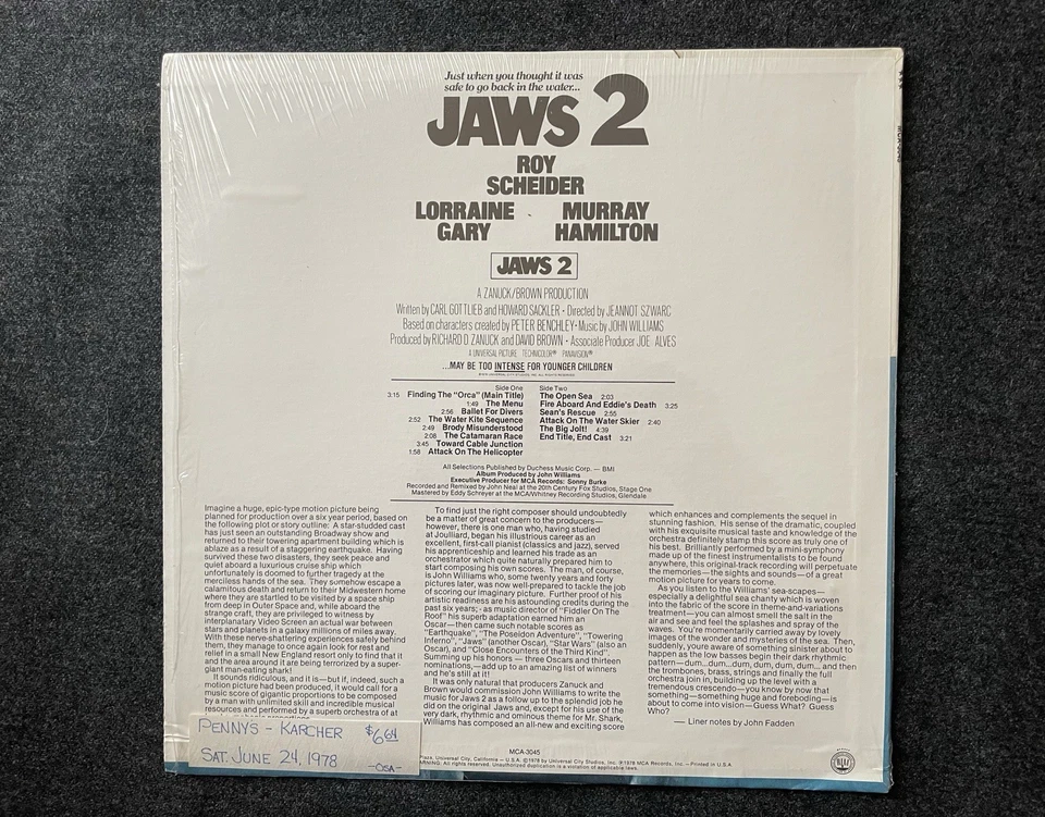 Jaws 2 1978 John Williams Motion Picture Soundtrack Vinyl LP In Shrink Mint - Image 2 of 2