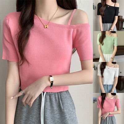 Women Solid Off Shoulder Slim Short Sleeve Knitted T-Shirt Fashion All-match Top