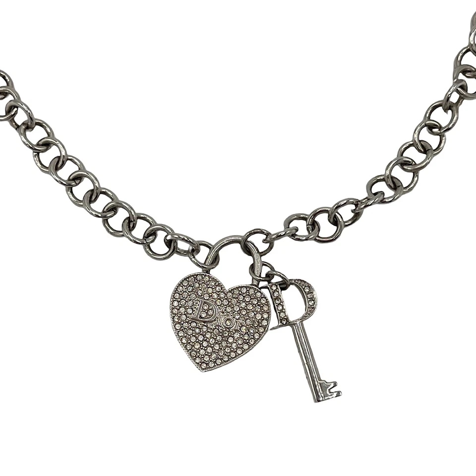 Collar Gargantilla Dior Plata Corazón Llave Logo Cristal Diamante Grueso De Colección Y2K Foto 2 de 4